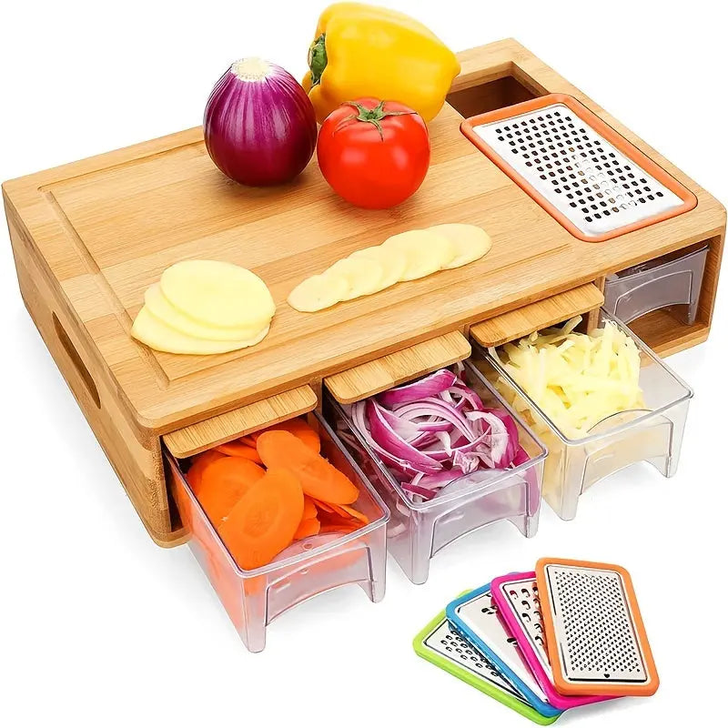 1pc, Bamboo Cutting Board with Sliding Tray - Convenient Kitchen Utensil for Chopping and Fruit Cutting - Apartment Essential -  CookWare KHAN SHOP LLC 