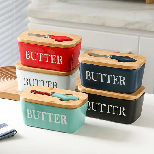 1pc, Durable Ceramic Butter Dish with Lid and Knife -  ServeWare KHAN SHOP LLC 