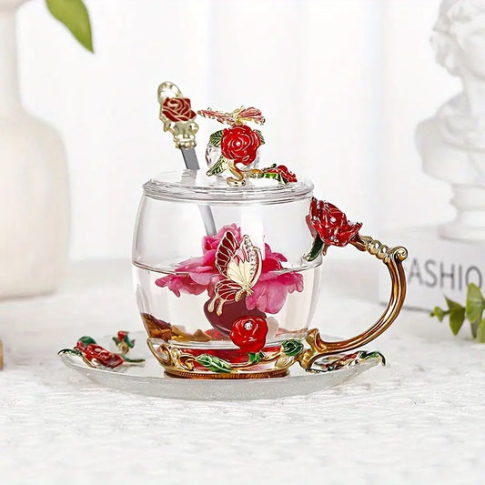 1pc, Heat Resistant Rose Enamel Crystal Tea Cup -  DrinkWare KHAN SHOP LLC 