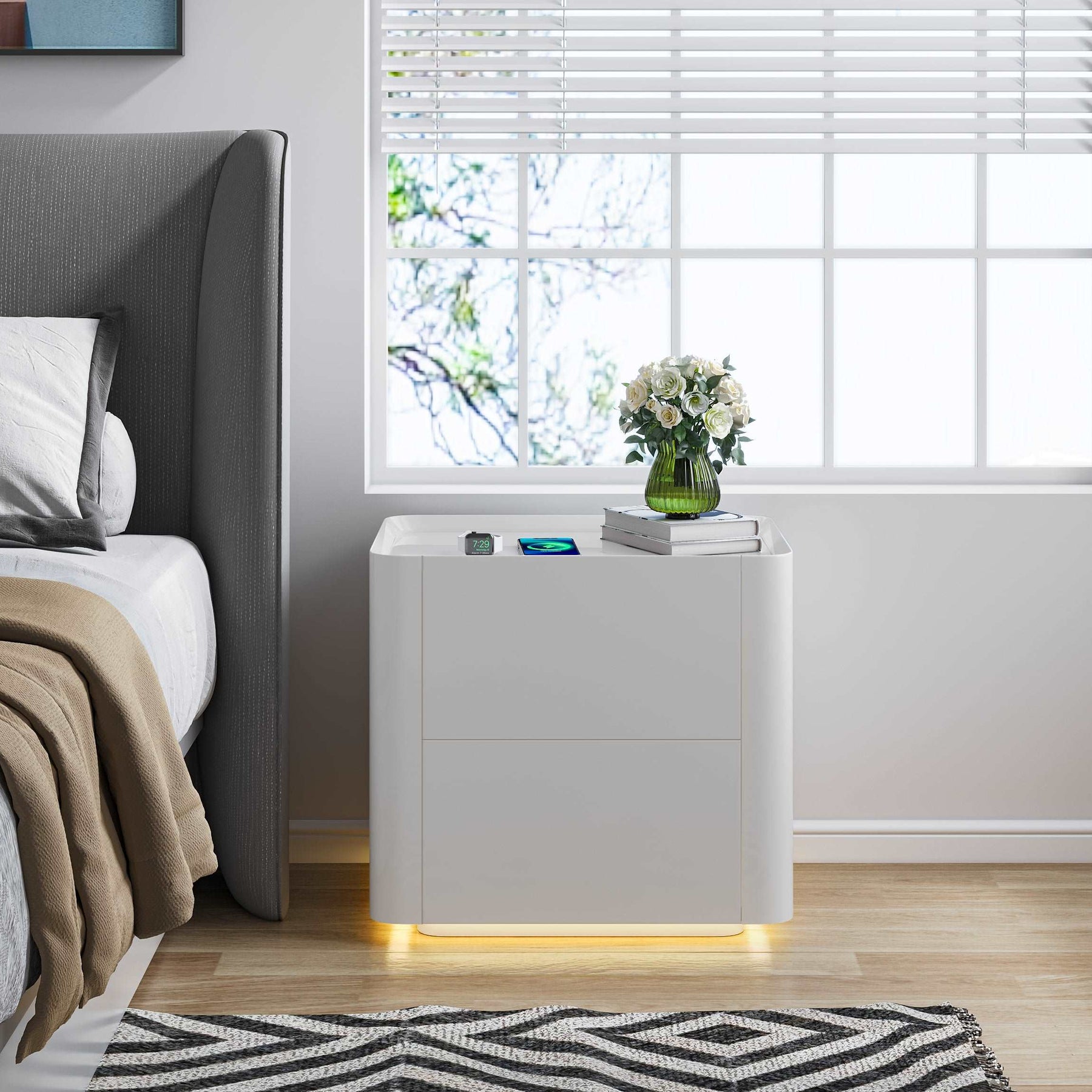 Gloss White Wood Nightstand with Warm Yellow Tone Induction Light Belt - Gloss White+MDF- KHAN SHOP LLC 1