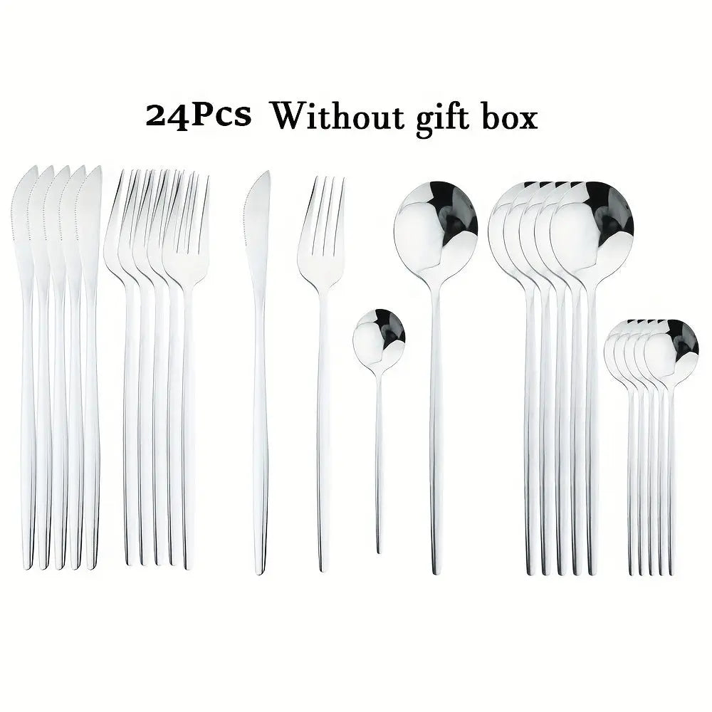 24pcs Elegant Black and Gold Stainless Steel Cutlery Set -  CookWare KHAN SHOP LLC Silvery