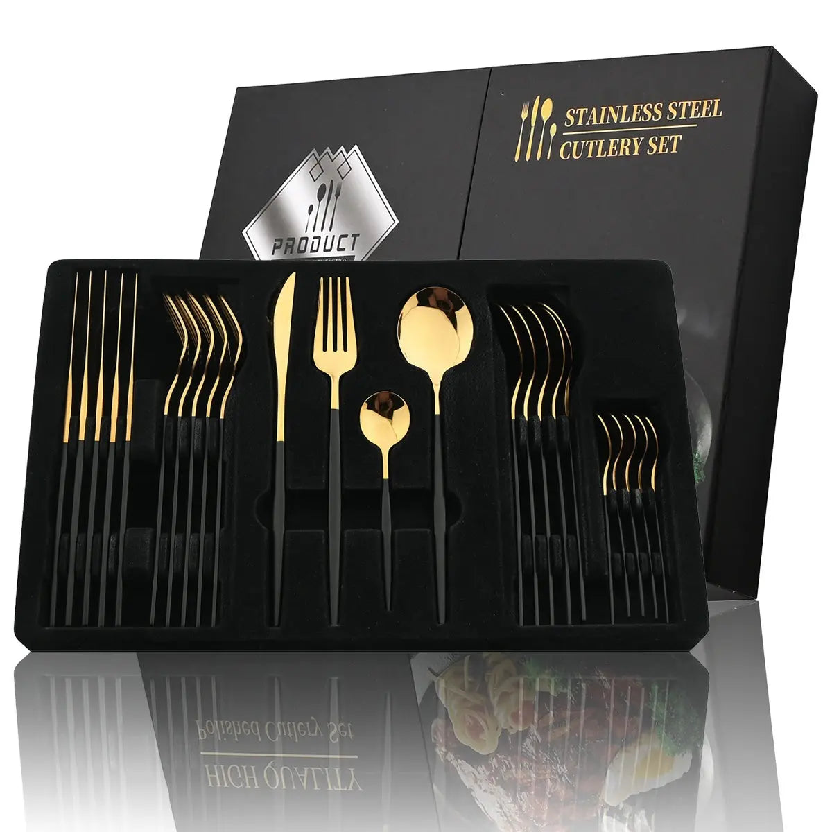 24pcs Elegant Black and Gold Stainless Steel Cutlery Set -  CookWare KHAN SHOP LLC 