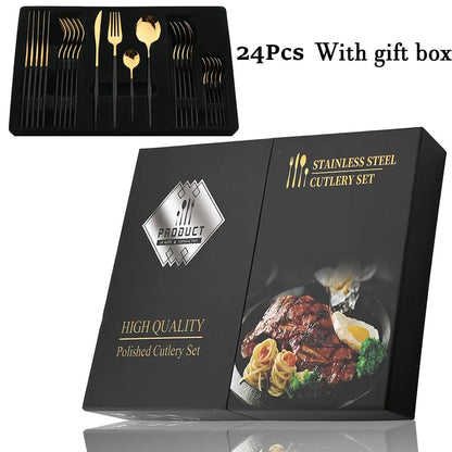 24pcs Elegant Black and Gold Stainless Steel Cutlery Set -  CookWare KHAN SHOP LLC Black-Golden-24Pcs-Box