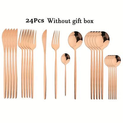 24pcs Elegant Black and Gold Stainless Steel Cutlery Set -  CookWare KHAN SHOP LLC Rose-Color