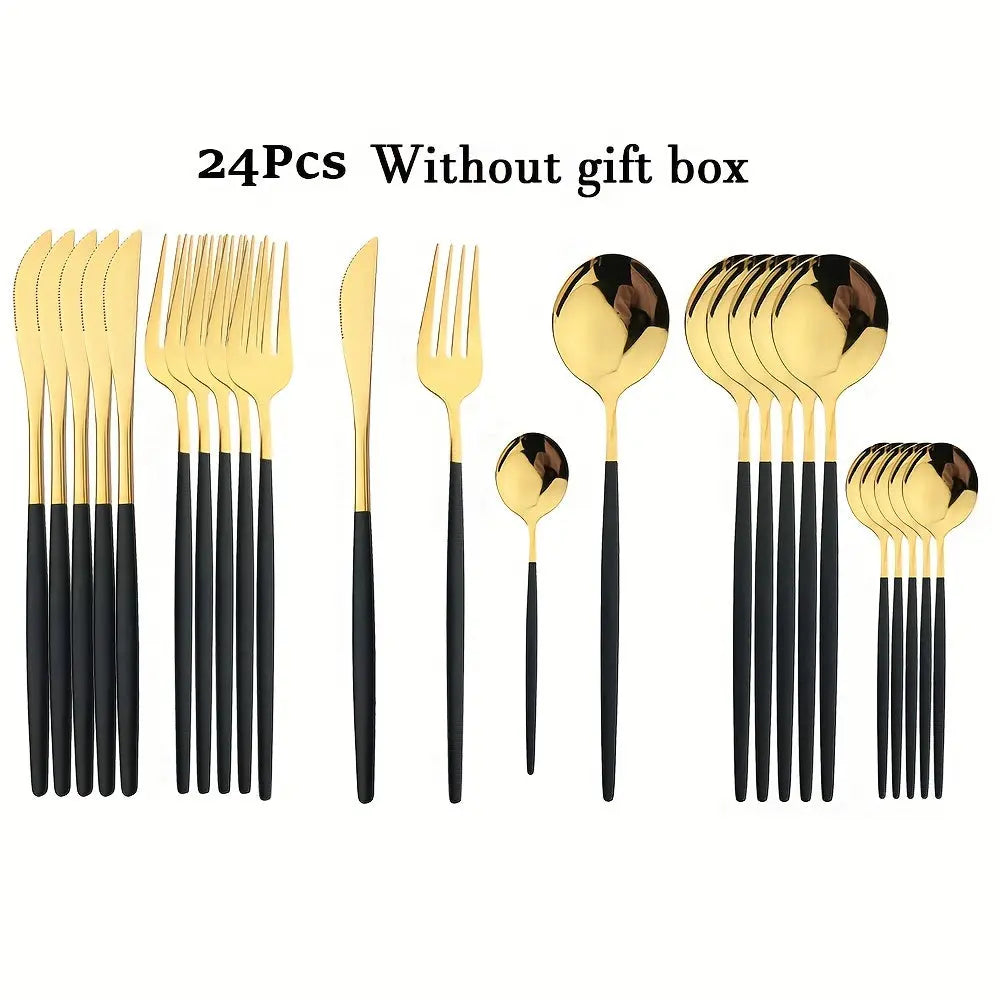 24pcs Elegant Black and Gold Stainless Steel Cutlery Set -  CookWare KHAN SHOP LLC black-golden