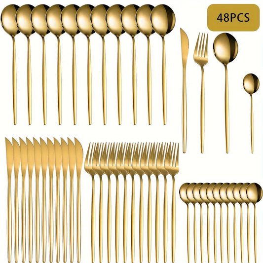 36pcs/48pcs Stainless Steel Cutlery Set Serves 12 People Cutlery Set -  Spoon Set & Cuttlery KHAN SHOP LLC 48pcs-Golden-Tableware-Set