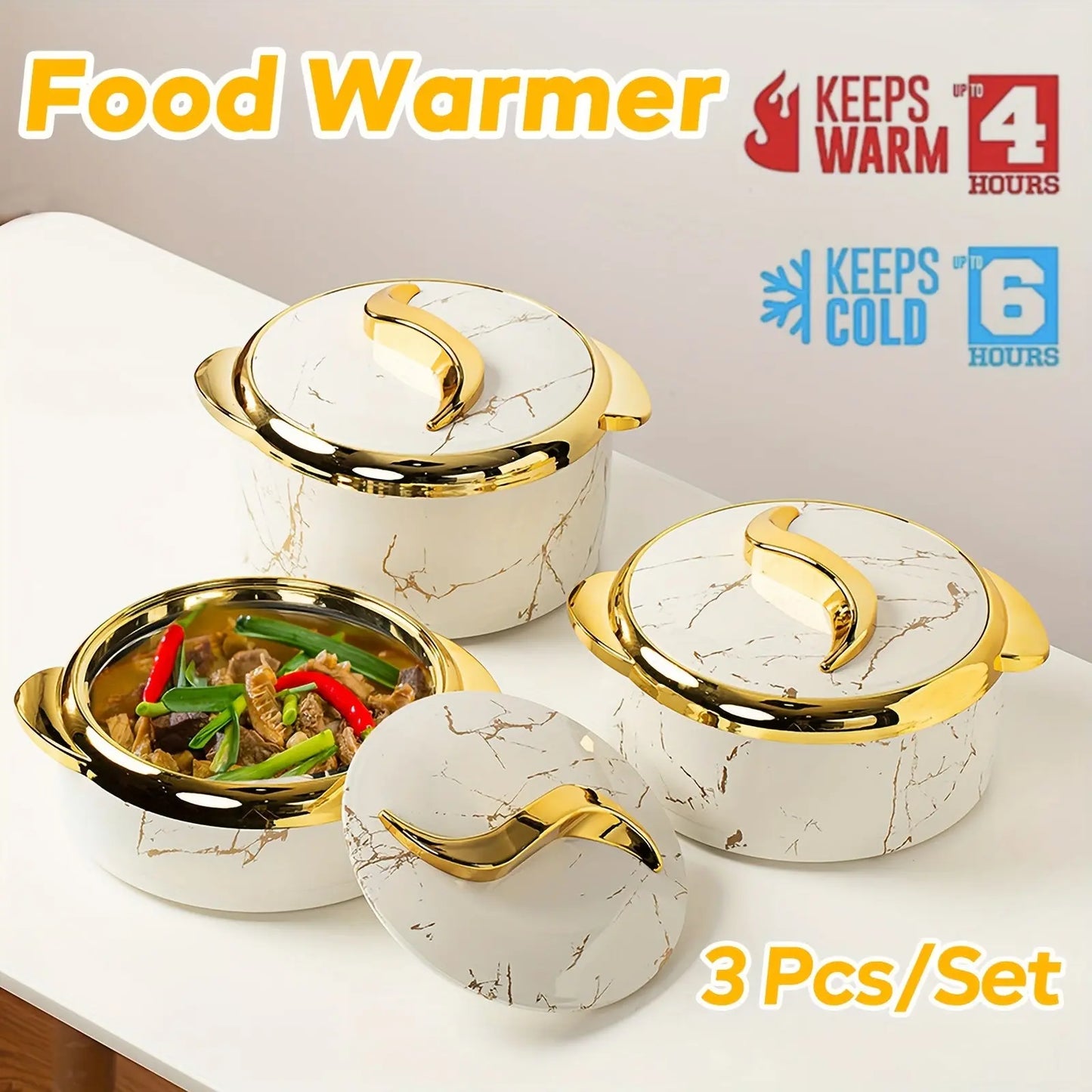 3pcs, Golden Touch Food Warmer, Thermal Casserole Dish Set With Lids -  CookWare KHAN SHOP LLC 