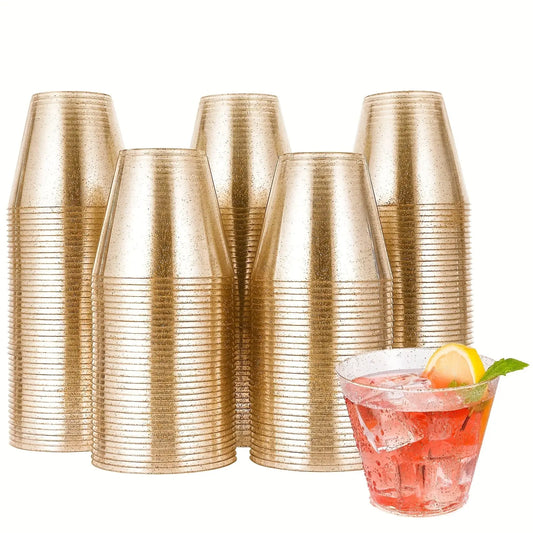 50pcs 9OZ Glitter Plastic Cups, Disposable Gold Cups -  DrinkWare KHAN SHOP LLC 