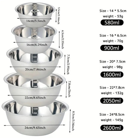 5pcs Stainless Steel Mixing Bowls Set - Non-Slip Base -  CookWare KHAN SHOP LLC 