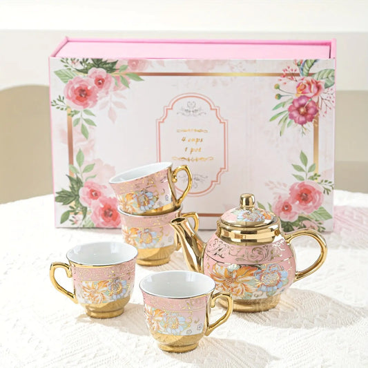 5pcs/set 1pc 4pcs European Gilt Porcelain Tea Set with Teapot and Tea Cups -  ServeWare KHAN SHOP LLC 