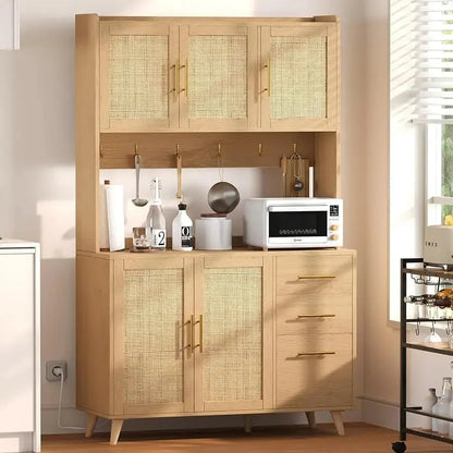 70.9"/71'' Kitchen Pantry Cabinet with Microwave Shelf, Rattan Freestanding Storage -  kitchen cabinets KHAN SHOP LLC A-Natural-United-States 719.82