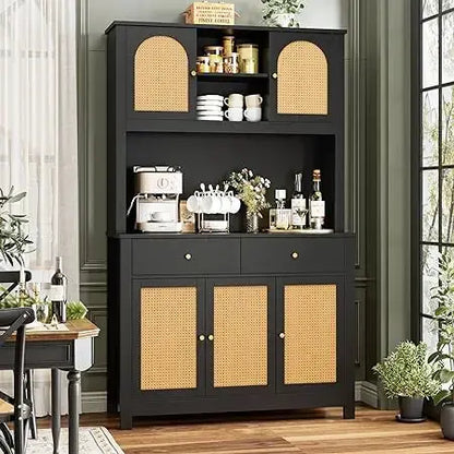 70.9"/71'' Kitchen Pantry Cabinet with Microwave Shelf, Rattan Freestanding Storage -  kitchen cabinets KHAN SHOP LLC B-Black-United-States 679.50