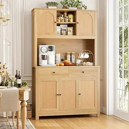 70.9"/71'' Kitchen Pantry Cabinet with Microwave Shelf, Rattan Freestanding Storage -  kitchen cabinets KHAN SHOP LLC B-Walnut-United-States 679.50