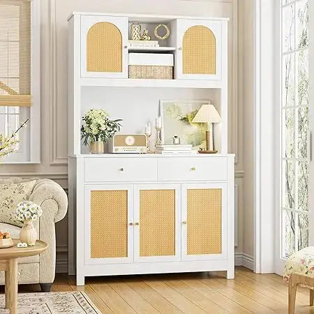 70.9"/71'' Kitchen Pantry Cabinet with Microwave Shelf, Rattan Freestanding Storage -  kitchen cabinets KHAN SHOP LLC B-White-United-States 648.60