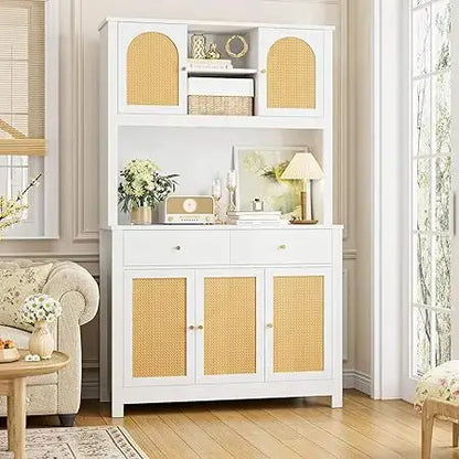 70.9"/71'' Kitchen Pantry Cabinet with Microwave Shelf, Rattan Freestanding Storage -  kitchen cabinets KHAN SHOP LLC B-White-United-States 648.60