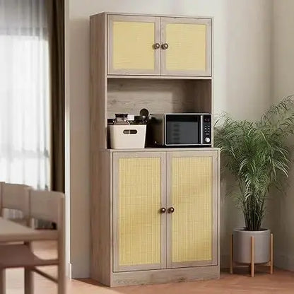 70.9"/71'' Kitchen Pantry Cabinet with Microwave Shelf, Rattan Freestanding Storage -  kitchen cabinets KHAN SHOP LLC C-Oak-United-States 484.89