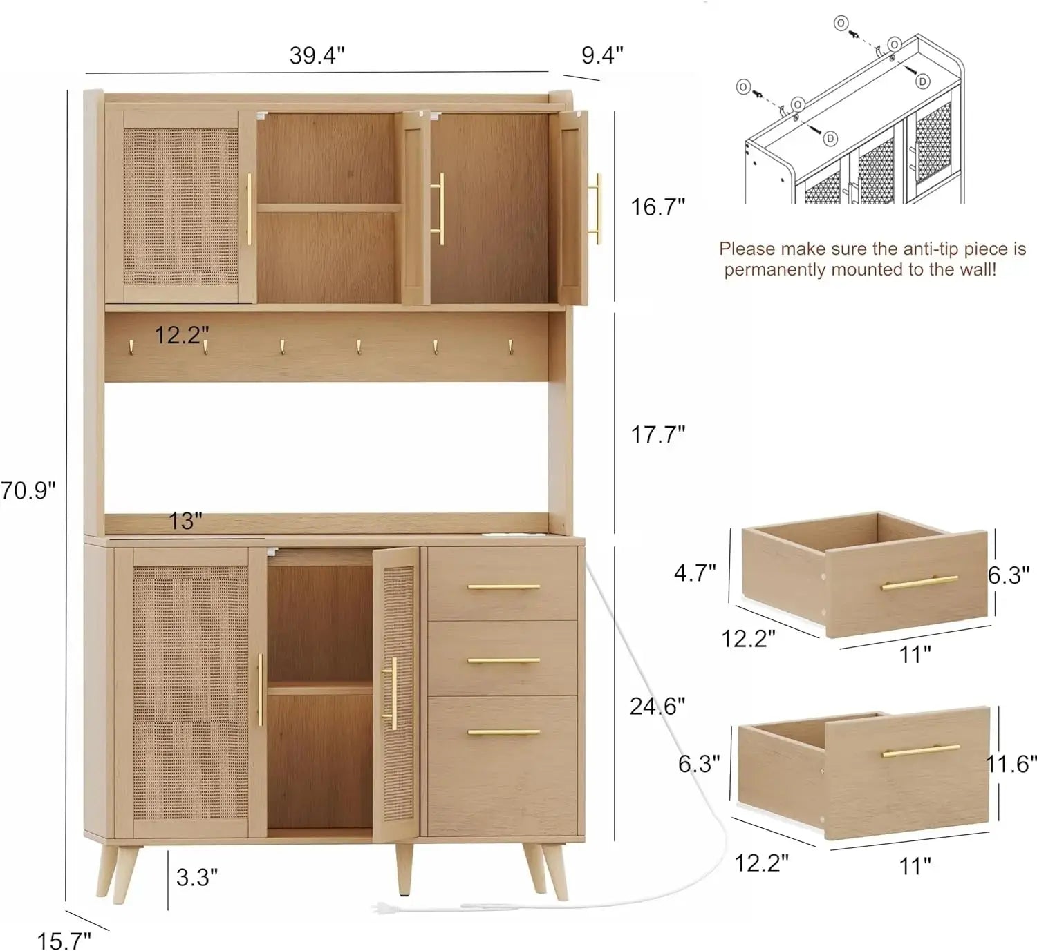 70.9"/71'' Kitchen Pantry Cabinet with Microwave Shelf, Rattan Freestanding Storage KHAN SHOP LLC