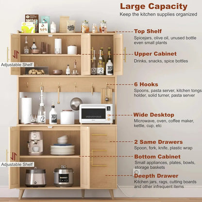 70.9"/71'' Kitchen Pantry Cabinet with Microwave Shelf, Rattan Freestanding Storage KHAN SHOP LLC