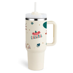 40 Oz Tumbler With Handle Straw Insulated, Stainless Steel  Sipper & Bottle Christmas-Beige-1200ML-2PCS The Khan Shop