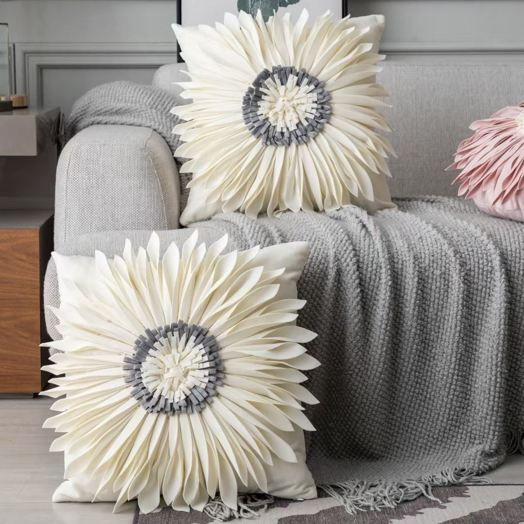 Fashion Modern Style White Throw Pillows Velvet Stitching 3D Chrysanthemum Cushion  Throw Pillows  The Khan Shop