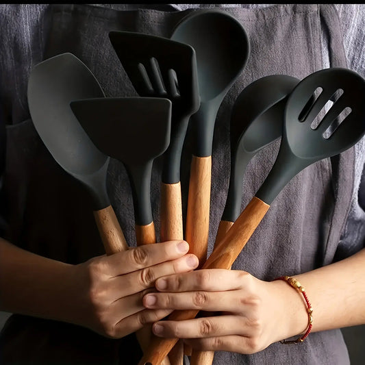 7pcs/set, Non-Stick Silicone Kitchen Utensil Set with Wooden Handles -  Spoon Set & Cuttlery KHAN SHOP LLC 