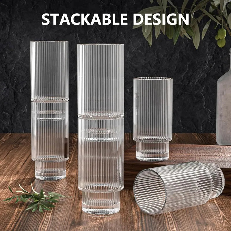 8 Set Glass Cups, 16OZ Ribbed Glassware with Bamboo Lids and Glass Straws KHAN SHOP LLC hurricane glassware