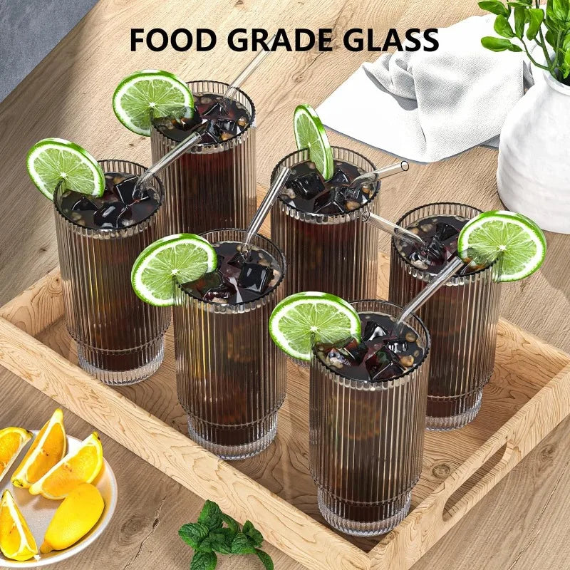 8 Set Glass Cups, 16OZ Ribbed Glassware with Bamboo Lids and Glass Straws KHAN SHOP LLC hurricane glassware