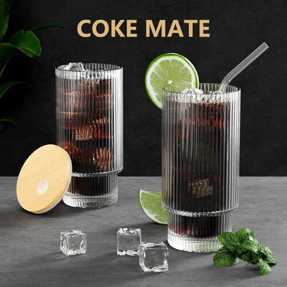 8 Set Glass Cups, 16OZ Ribbed Glassware with Bamboo Lids and Glass Straws KHAN SHOP LLC hurricane glassware