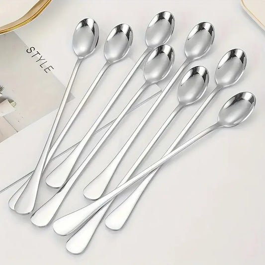 8pcs Stainless Steel Long Handle Ice Tea Spoon, Coffee Spoon -  Spoon Set & Cuttlery KHAN SHOP LLC Silvery