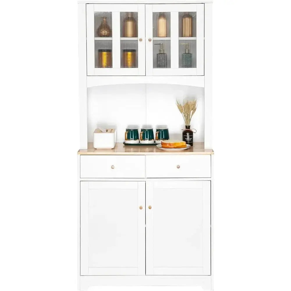 Buffet Cabinet with Hutch Kitchen Pantry Storage White Sideboard for Microwave Storage KHAN SHOP LLC