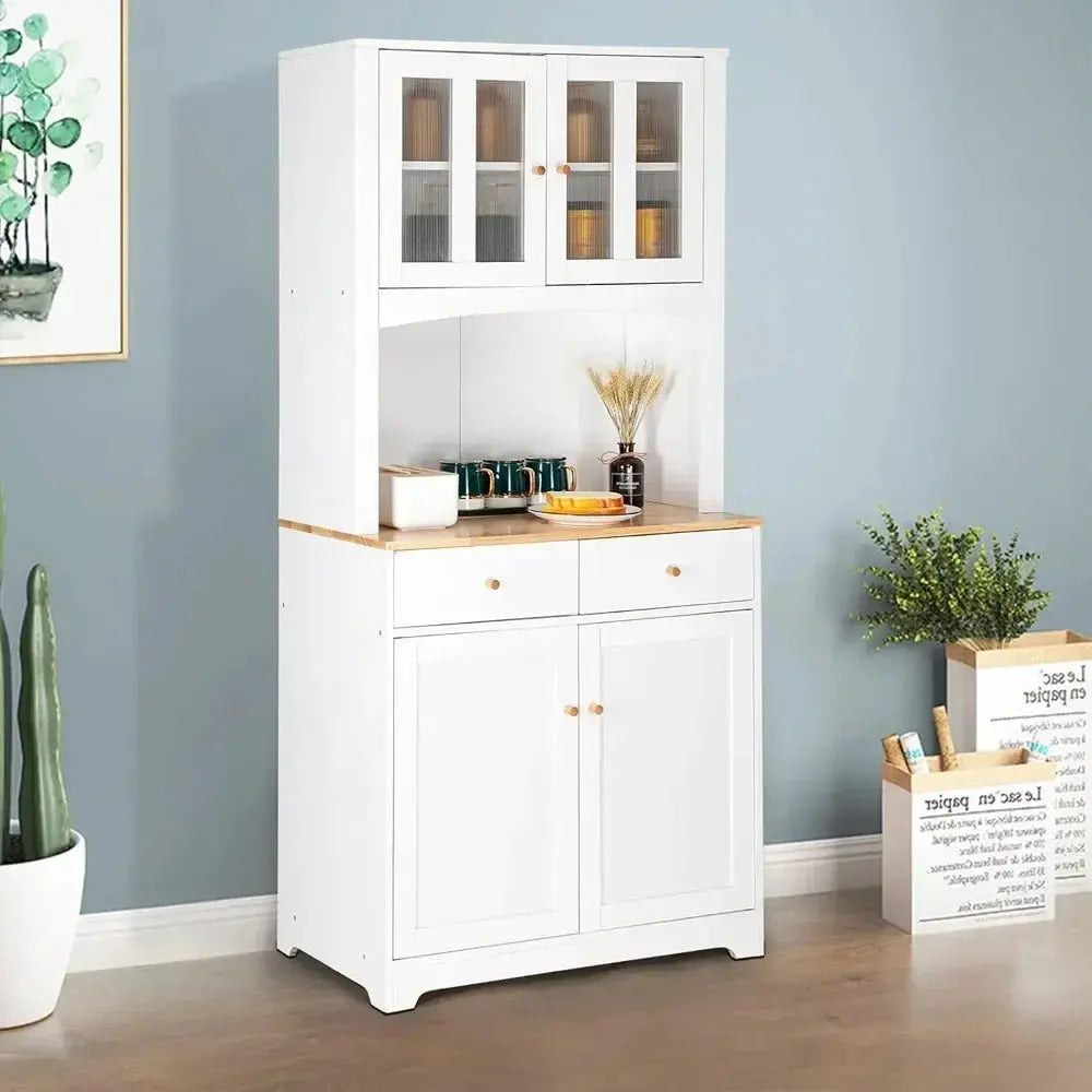 Buffet Cabinet with Hutch Kitchen Pantry Storage White Sideboard for Microwave Storage KHAN SHOP LLC