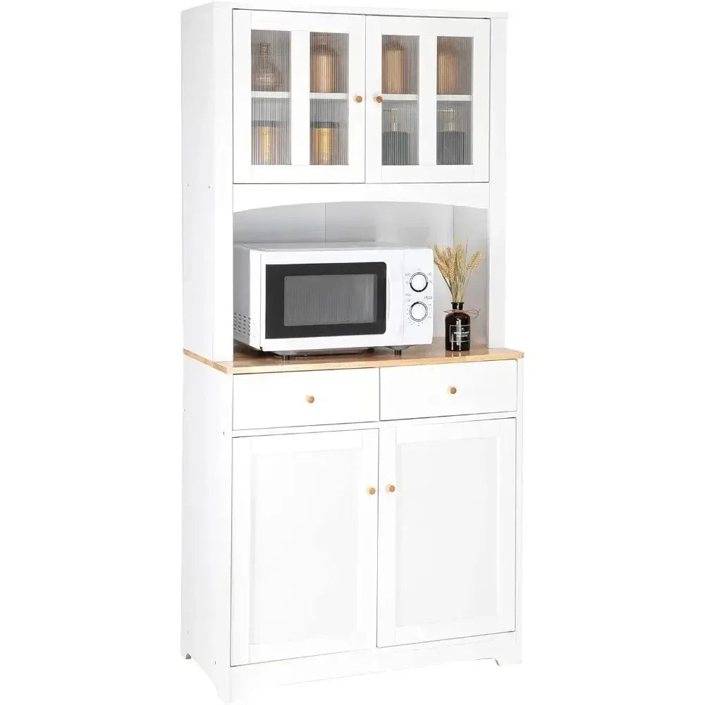 Buffet Cabinet with Hutch Kitchen Pantry Storage White Sideboard for Microwave Storage KHAN SHOP LLC