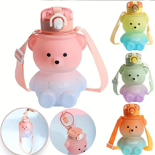 Cute Bear Water Bottle - 49/25oz Portable Plastic Kettle with Straw and Shoulder Strap -  Sipper & Bottle KHAN SHOP LLC 