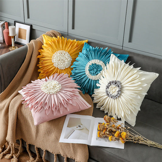 Fashion Modern Style White Throw Pillows Velvet Stitching 3D Chrysanthemum Cushion  Throw Pillows  The Khan Shop