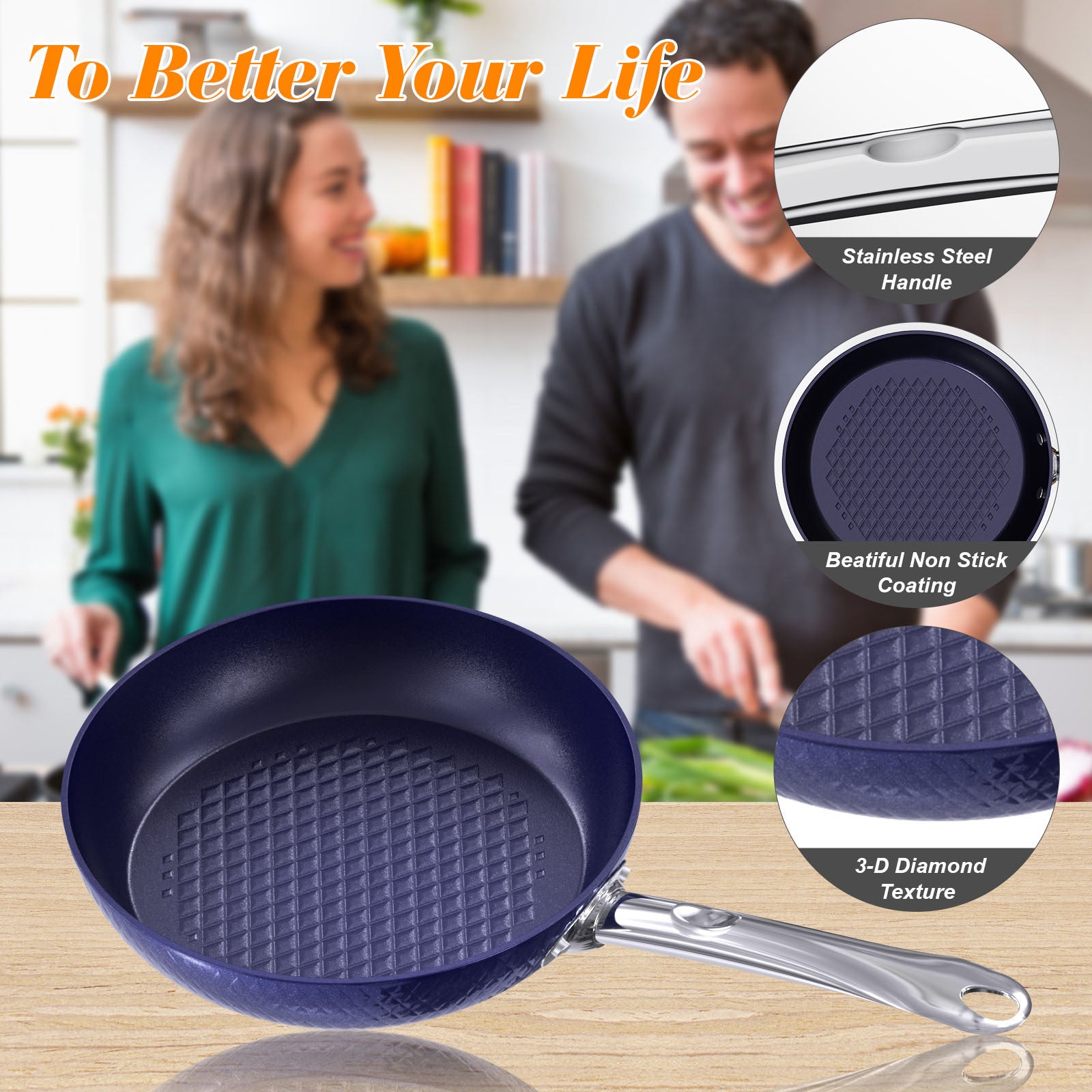 Frying Pan Sets Non Stick 3Pieces Blue 3D Diamond Cookware KHAN SHOP LLC made in cookware