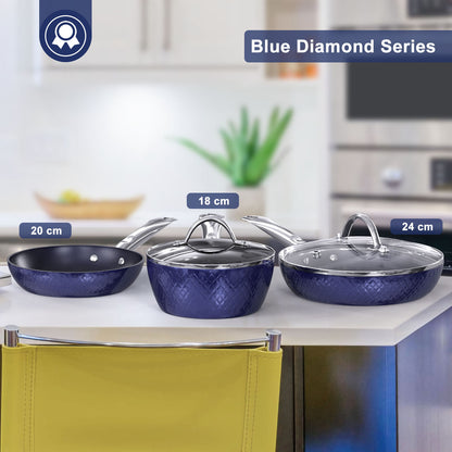 Frying Pan Sets Non Stick 3Pieces Blue 3D Diamond Cookware KHAN SHOP LLC made in cookware