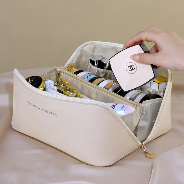 Leather Large Capacity Travel Cosmetic Bag Portable Women Makeup Case  cosmetics organizer Beige The Khan Shop