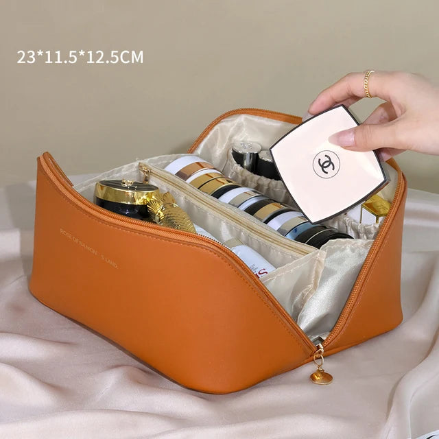 Leather Large Capacity Travel Cosmetic Bag Portable Women Makeup Case  cosmetics organizer Brown The Khan Shop