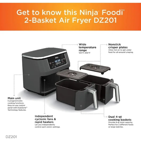 Ninja DZ201 Foodi 6-in-1 2-Basket Air Fryer with DualZone Technology KHAN SHOP LLC ninja air fryer