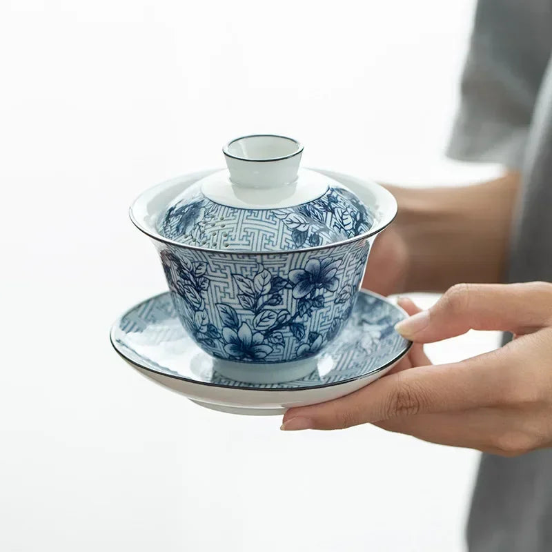 Retro Blue and White Porcelain in Glaze Decoration, High Temperature Fired Ceramic Gaiwan KHAN SHOP LLC brew station