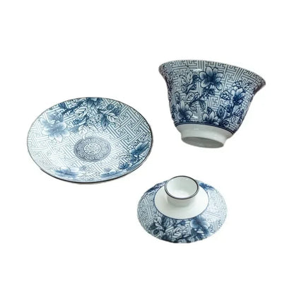 Retro Blue and White Porcelain in Glaze Decoration, High Temperature Fired Ceramic Gaiwan KHAN SHOP LLC brew station