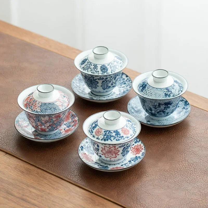 Retro Blue and White Porcelain in Glaze Decoration, High Temperature Fired Ceramic Gaiwan KHAN SHOP LLC brew station