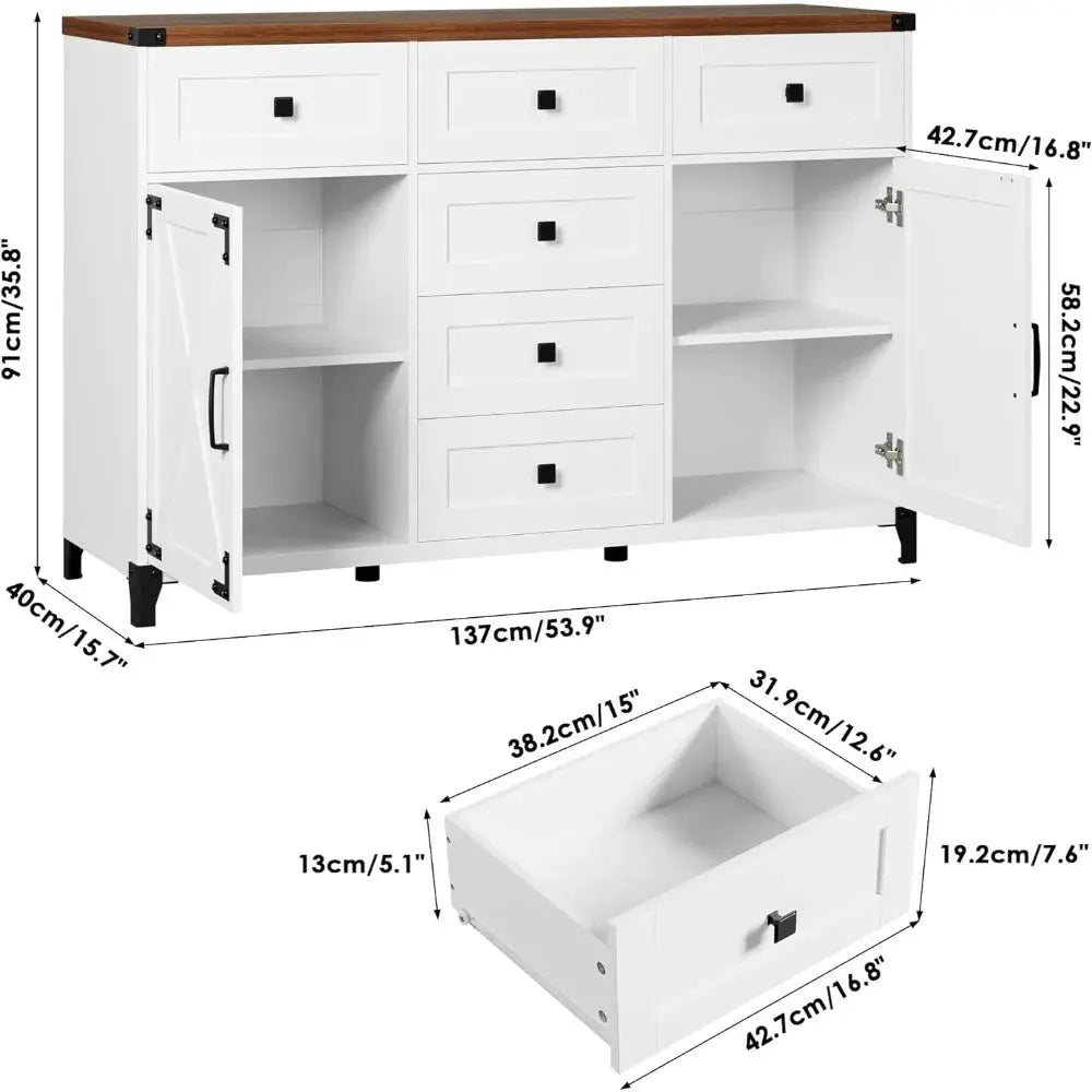 Sideboard Buffet Cabinet 54” Large Sideboard Cabinet with 6 Versatile Storage Drawers KHAN SHOP LLC