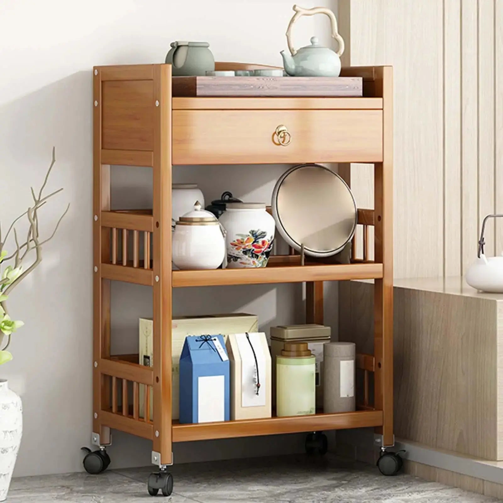 Wooden Movable Tea Table with Wheels Corner Cabinet Three Layers KHAN SHOP LLC